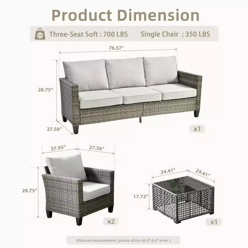 Set Divano da Esterno 4 Pezzi HOMLUX con Divano a 3 Posti, 2 Poltrone Singole e Tavolino da Caffè con LED, Rattan PE Grigio
