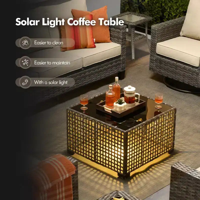 Set Divano da Esterno 4 Pezzi HOMLUX con Divano a 3 Posti, 2 Poltrone Singole e Tavolino da Caffè con LED, Rattan PE Grigio