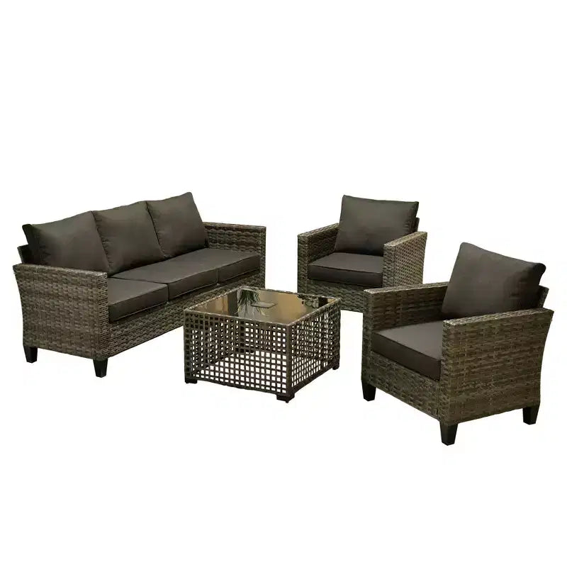 Set Divano da Esterno 4 Pezzi HOMLUX con Divano a 3 Posti, 2 Poltrone Singole e Tavolino da Caffè con LED, Rattan PE Grigio