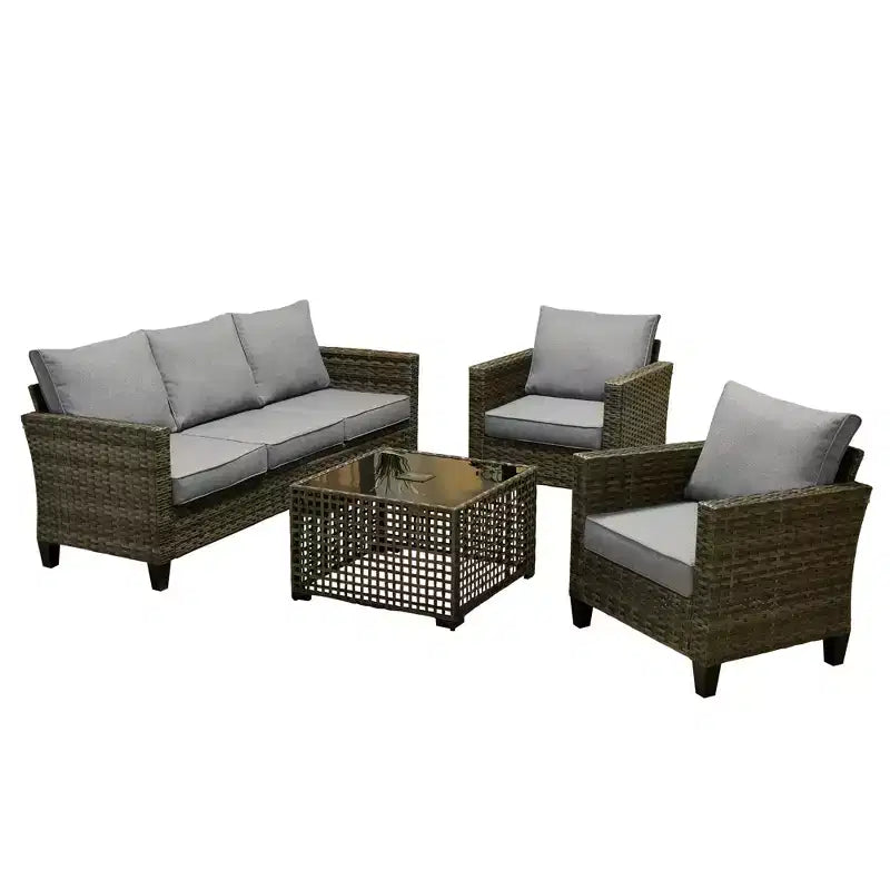 Set Divano da Esterno 4 Pezzi HOMLUX con Divano a 3 Posti, 2 Poltrone Singole e Tavolino da Caffè con LED, Rattan PE Grigio