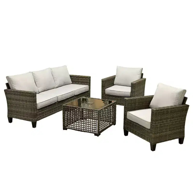 Set Divano da Esterno 4 Pezzi HOMLUX con Divano a 3 Posti, 2 Poltrone Singole e Tavolino da Caffè con LED, Rattan PE Grigio