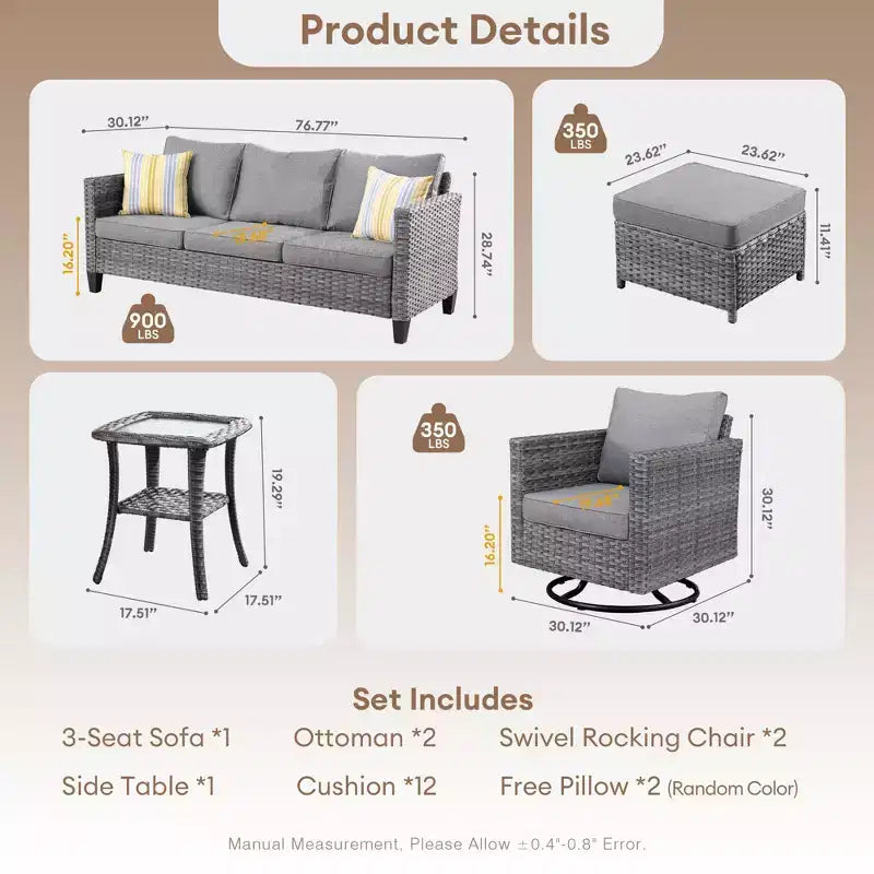Set da conversazione da patio 6 pezzi HOMLUX con divano a 3 posti e pouf, set di poltrone girevoli
