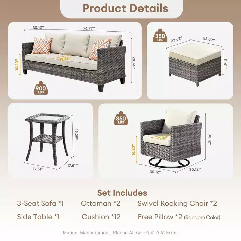 Set da conversazione da patio 6 pezzi HOMLUX con divano a 3 posti e pouf, set di poltrone girevoli
