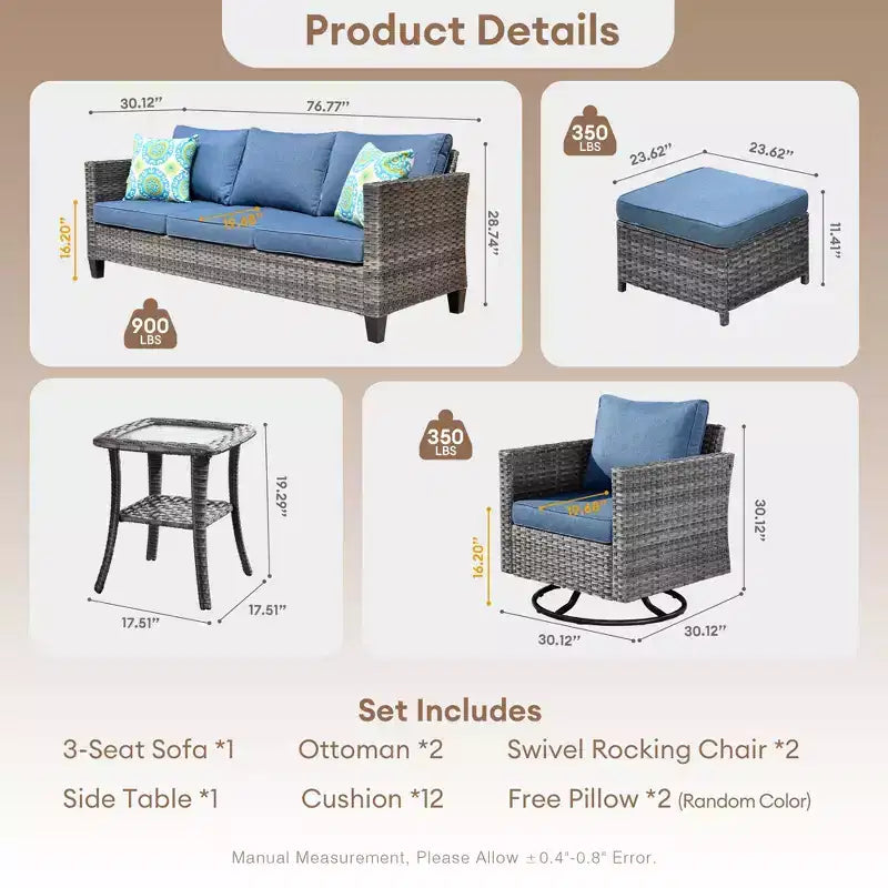 Set da conversazione da patio 6 pezzi HOMLUX con divano a 3 posti e pouf, set di poltrone girevoli