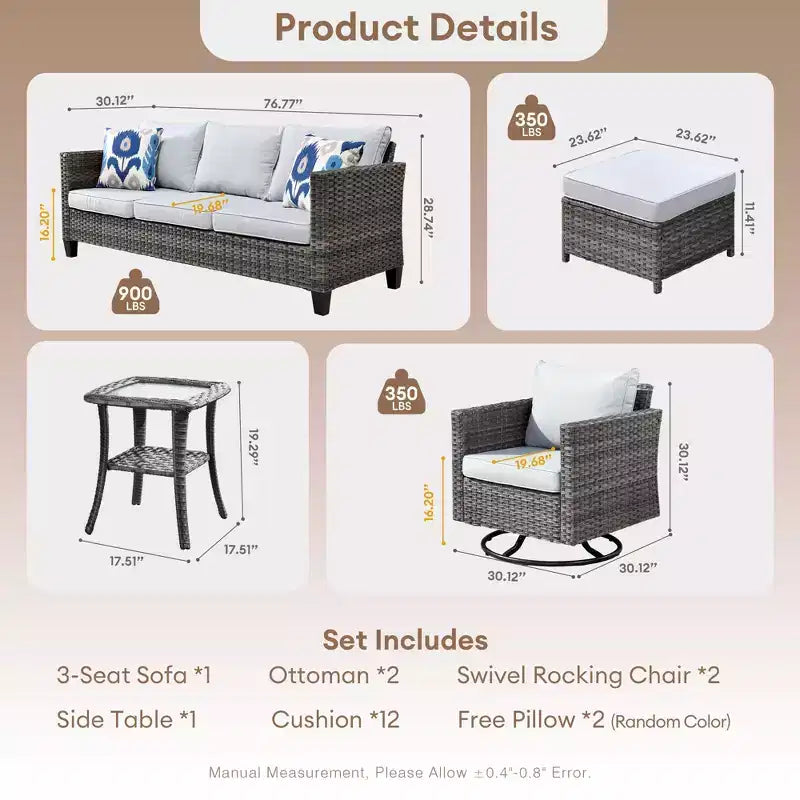 Set da conversazione da patio 6 pezzi HOMLUX con divano a 3 posti e pouf, set di poltrone girevoli