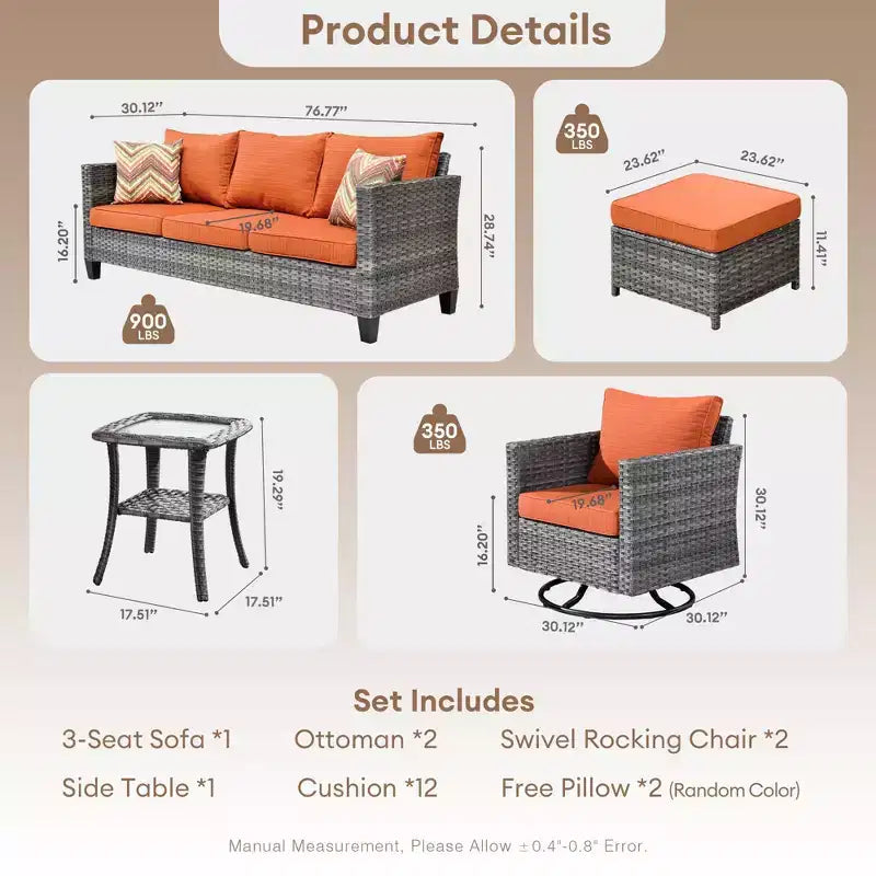 Set da conversazione da patio 6 pezzi HOMLUX con divano a 3 posti e pouf, set di poltrone girevoli