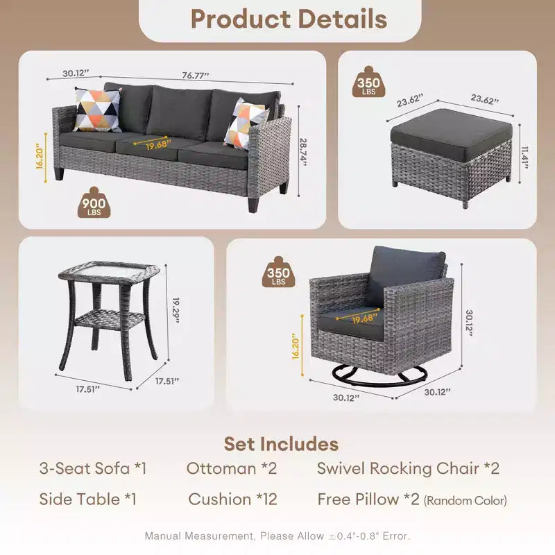 Set da conversazione da patio 6 pezzi HOMLUX con divano a 3 posti e pouf, set di poltrone girevoli