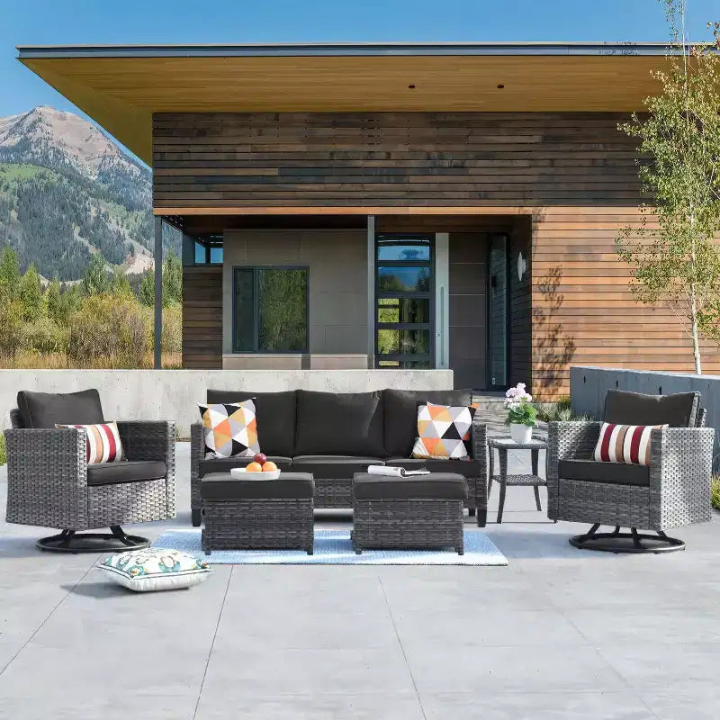 Set da conversazione da patio 6 pezzi HOMLUX con divano a 3 posti e pouf, set di poltrone girevoli