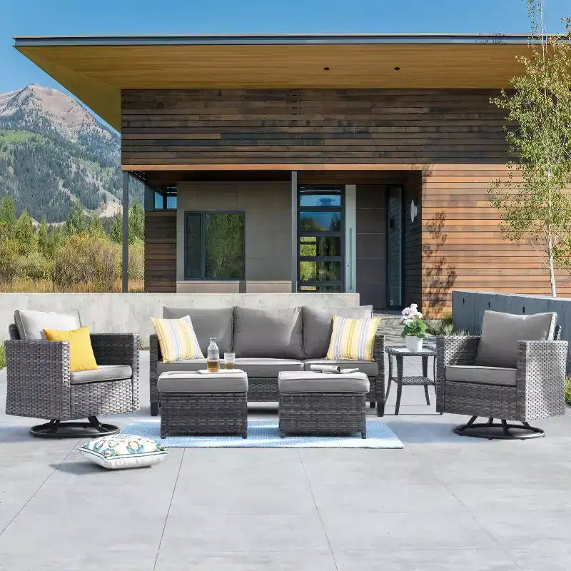 Set da conversazione da patio 6 pezzi HOMLUX con divano a 3 posti e pouf, set di poltrone girevoli
