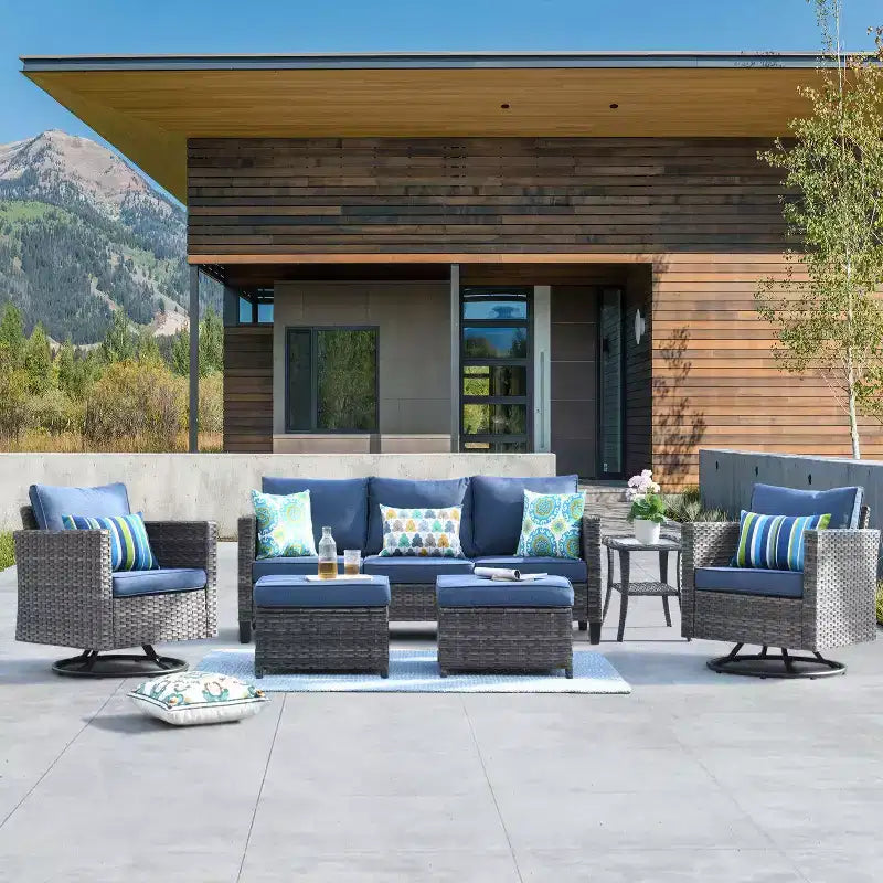 Set da conversazione da patio 6 pezzi HOMLUX con divano a 3 posti e pouf, set di poltrone girevoli