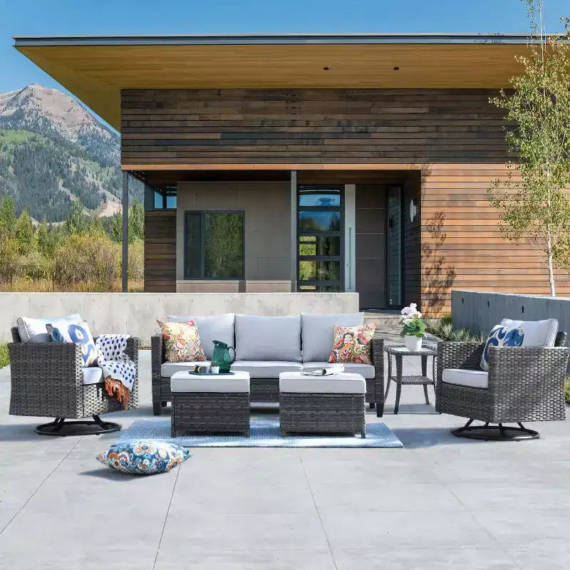 Set da conversazione da patio 6 pezzi HOMLUX con divano a 3 posti e pouf, set di poltrone girevoli