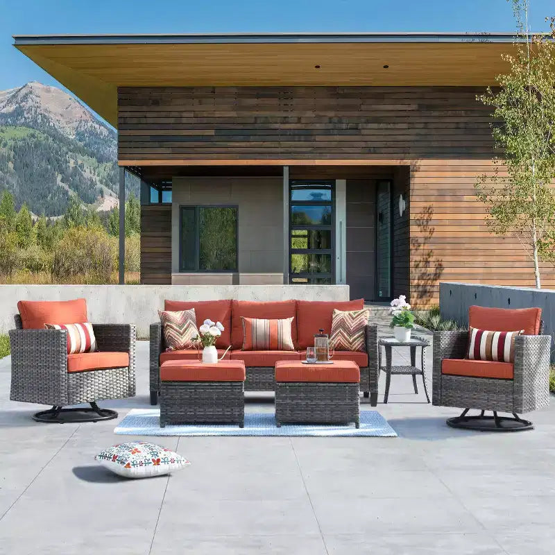 Set da conversazione da patio 6 pezzi HOMLUX con divano a 3 posti e pouf, set di poltrone girevoli