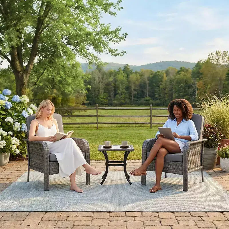Set di 2 sedie da esterno in rattan per patio, con cuscini spessi, in vimini sfumato resistente a tutte le intemperie - Versatili sedute da esterno per portico, terrazza, giardino, cortile