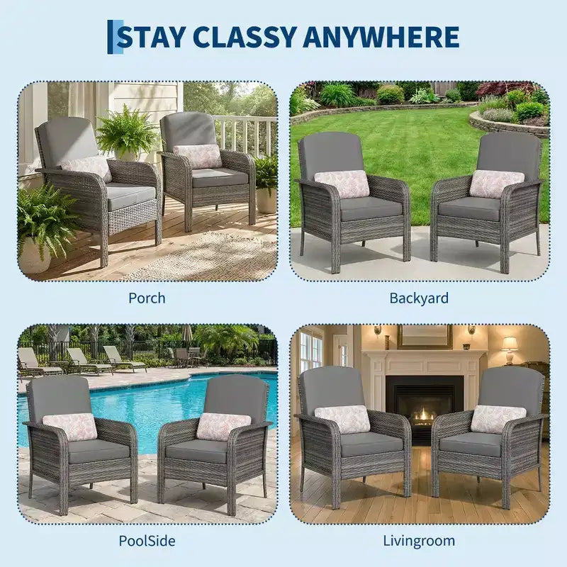 Set di 2 sedie da esterno in rattan per patio, con cuscini spessi, in vimini sfumato resistente a tutte le intemperie - Versatili sedute da esterno per portico, terrazza, giardino, cortile