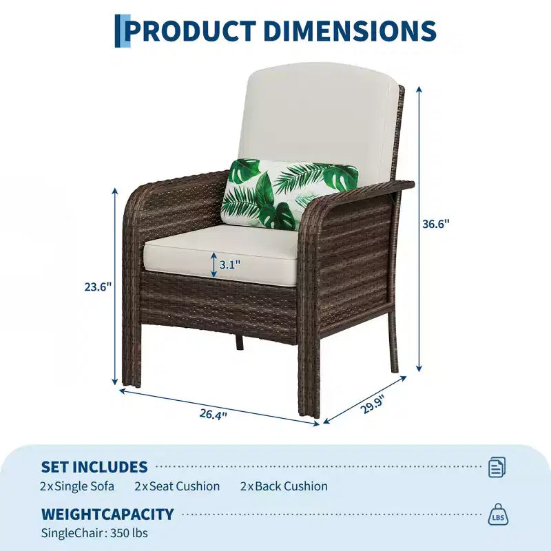 Set di 2 sedie da esterno in rattan per patio, con cuscini spessi, in vimini sfumato resistente a tutte le intemperie - Versatili sedute da esterno per portico, terrazza, giardino, cortile