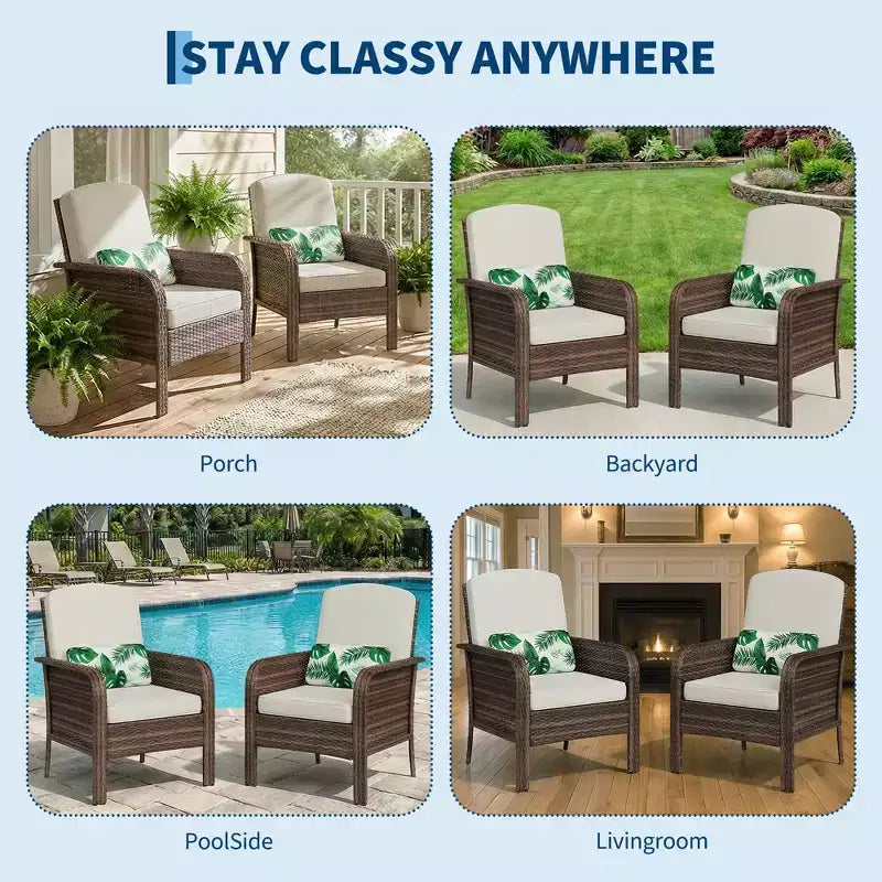 Set di 2 sedie da esterno in rattan per patio, con cuscini spessi, in vimini sfumato resistente a tutte le intemperie - Versatili sedute da esterno per portico, terrazza, giardino, cortile