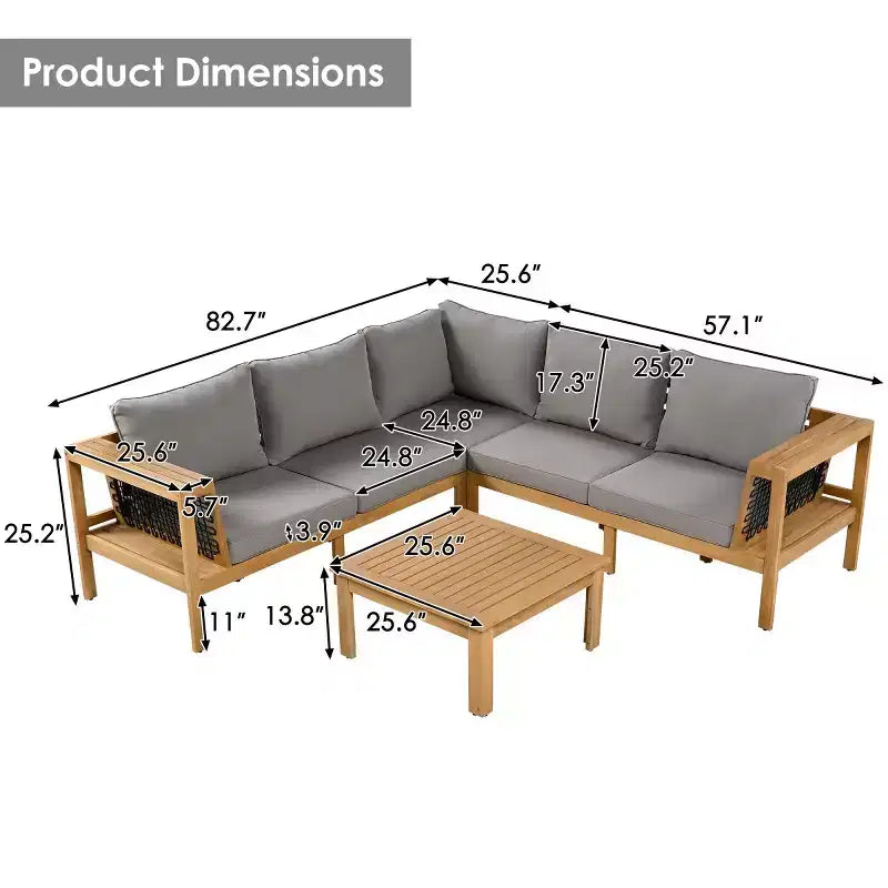 Set da conversazione moderno da esterno in legno a 4 pezzi con cuscini, divano sezionale a L con tavolino da caffè per patio, cortile-Panipeachy