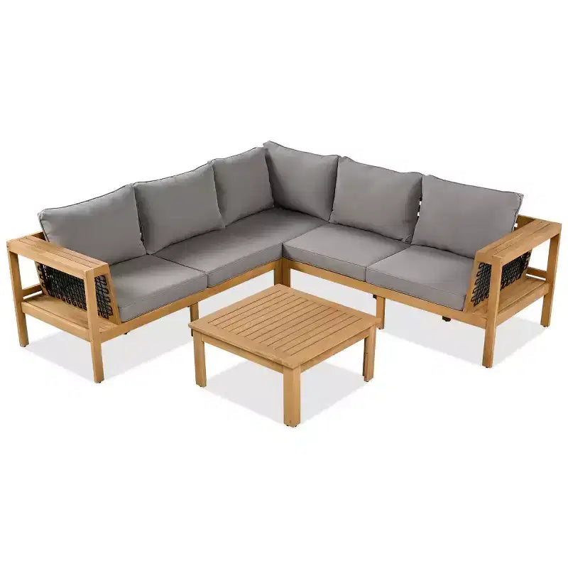 Set da conversazione moderno da esterno in legno a 4 pezzi con cuscini, divano sezionale a L con tavolino da caffè per patio, cortile-Panipeachy