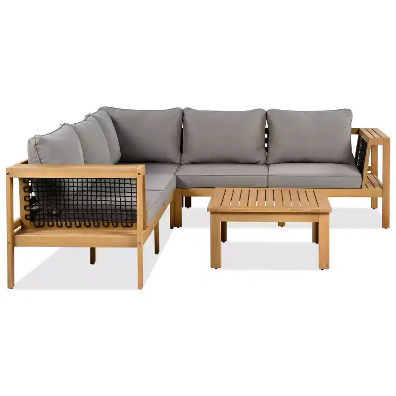 Set da conversazione moderno da esterno in legno a 4 pezzi con cuscini, divano sezionale a L con tavolino da caffè per patio, cortile-Panipeachy