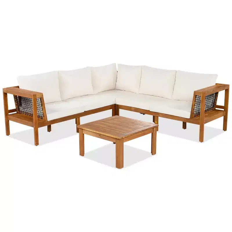 Set da conversazione moderno da esterno in legno a 4 pezzi con cuscini, divano sezionale a L con tavolino da caffè per patio, cortile-Panipeachy