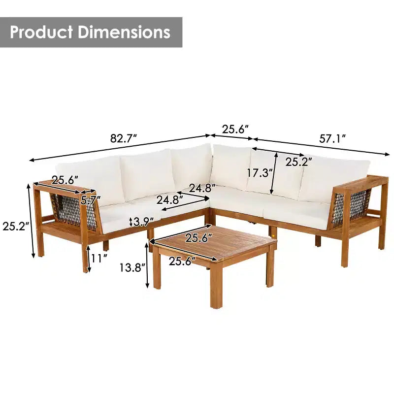 Set da conversazione moderno da esterno in legno a 4 pezzi con cuscini, divano sezionale a L con tavolino da caffè per patio, cortile-Panipeachy