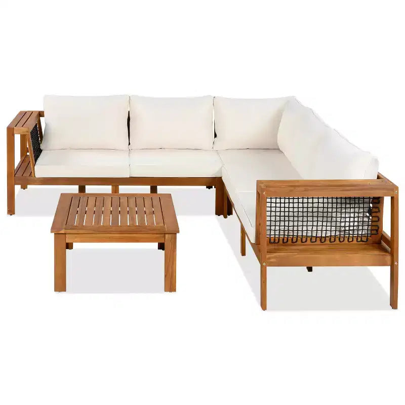 Set da conversazione moderno da esterno in legno a 4 pezzi con cuscini, divano sezionale a L con tavolino da caffè per patio, cortile-Panipeachy