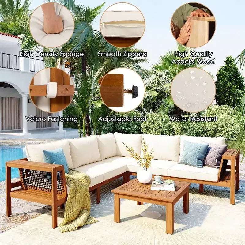 Set da conversazione moderno da esterno in legno a 4 pezzi con cuscini, divano sezionale a L con tavolino da caffè per patio, cortile-Panipeachy