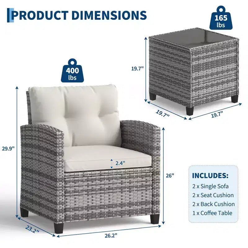 Set da 3 pezzi in rattan PE per esterni, Set di sedie e tavolo da esterno con piano in vetro temperato e cuscini, Set da conversazione per patio
