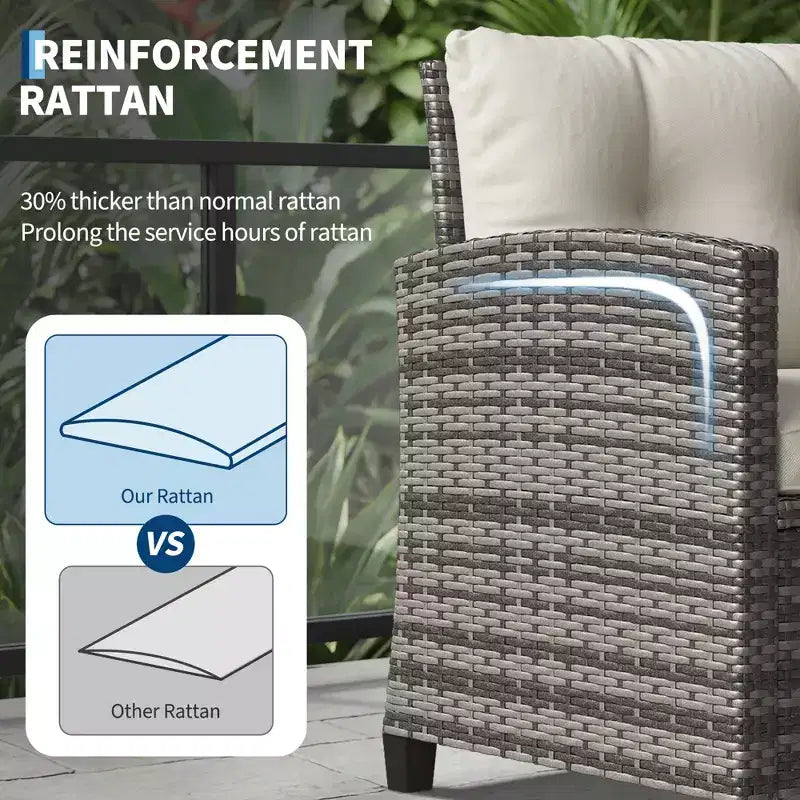 Set da 3 pezzi in rattan PE per esterni, Set di sedie e tavolo da esterno con piano in vetro temperato e cuscini, Set da conversazione per patio