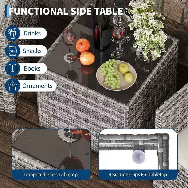 Set da 3 pezzi in rattan PE per esterni, Set di sedie e tavolo da esterno con piano in vetro temperato e cuscini, Set da conversazione per patio