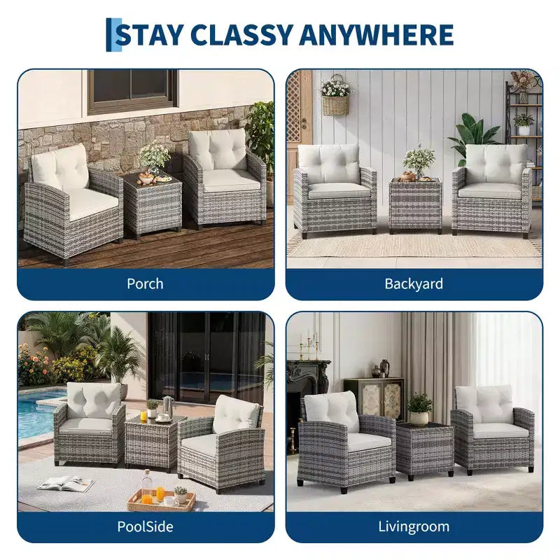 Set da 3 pezzi in rattan PE per esterni, Set di sedie e tavolo da esterno con piano in vetro temperato e cuscini, Set da conversazione per patio