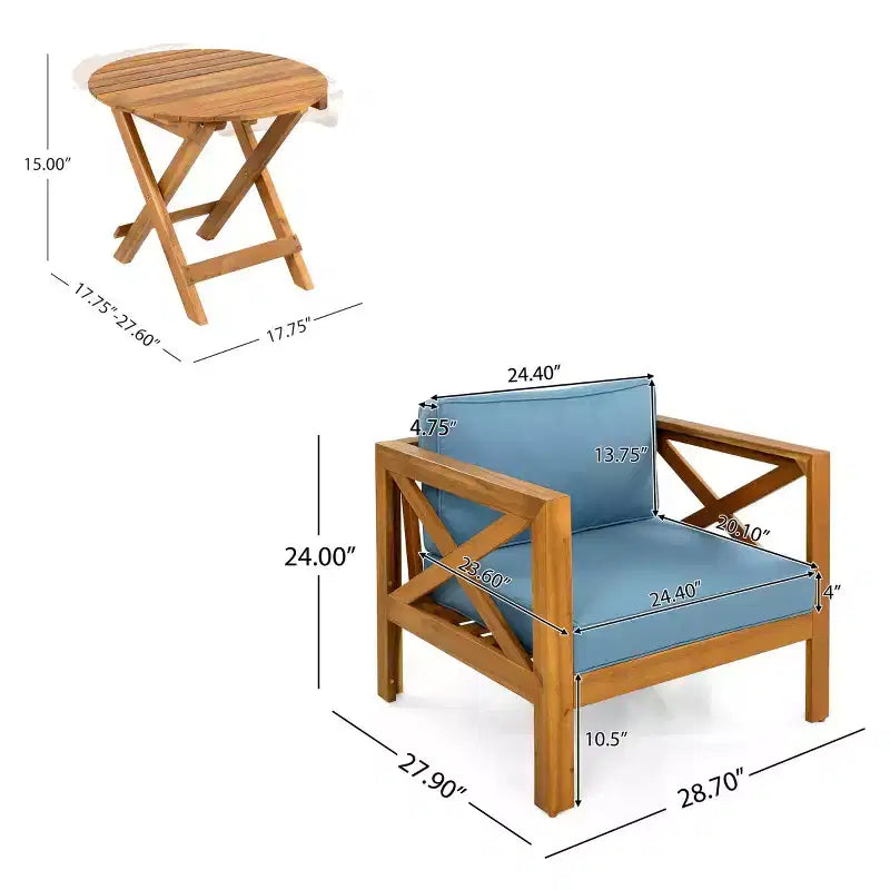 Set da conversazione da patio per piccoli spazi, seduta da esterno in legno di acacia con cuscini e tavolino pieghevole per balcone, ponte, giardino-Panipeachy