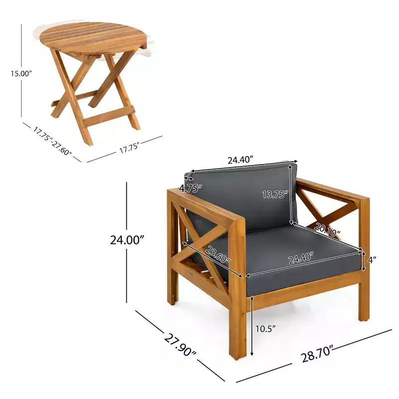Set da conversazione da patio per piccoli spazi, seduta da esterno in legno di acacia con cuscini e tavolino pieghevole per balcone, ponte, giardino-Panipeachy