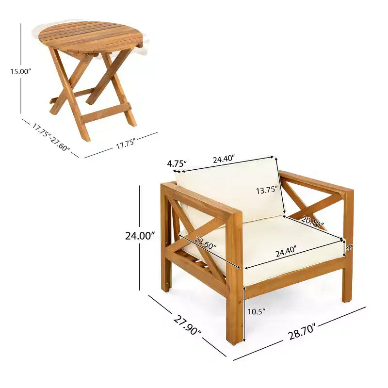 Set da conversazione da patio per piccoli spazi, seduta da esterno in legno di acacia con cuscini e tavolino pieghevole per balcone, ponte, giardino-Panipeachy
