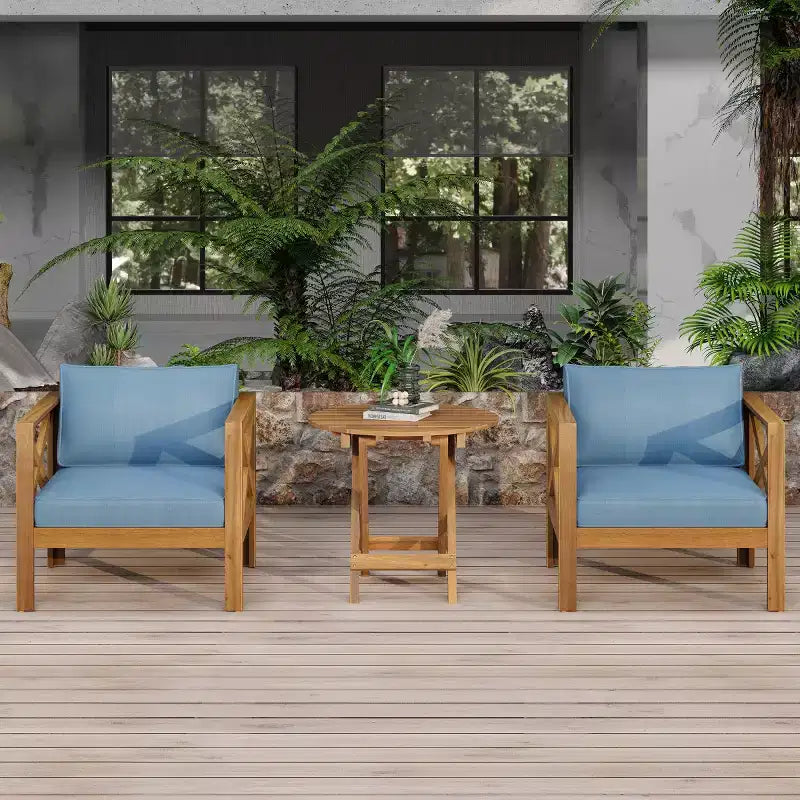 Set da conversazione da patio per piccoli spazi, seduta da esterno in legno di acacia con cuscini e tavolino pieghevole per balcone, ponte, giardino-Panipeachy