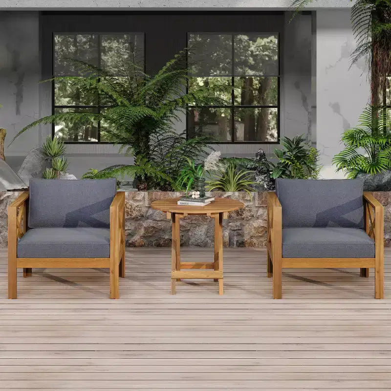 Set da conversazione da patio per piccoli spazi, seduta da esterno in legno di acacia con cuscini e tavolino pieghevole per balcone, ponte, giardino-Panipeachy