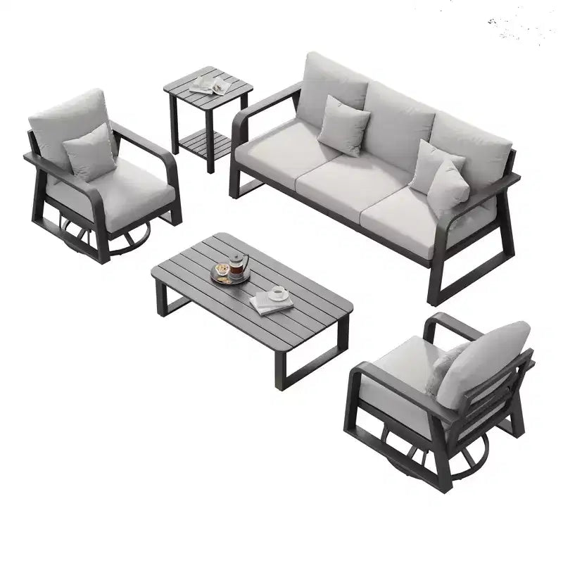 GDFStudio Baldwin Set da Divano da Esterno Moderno in Alluminio da 5 Pezzi con 2 Tavolini da Caffè e 2 Poltrone Girevoli