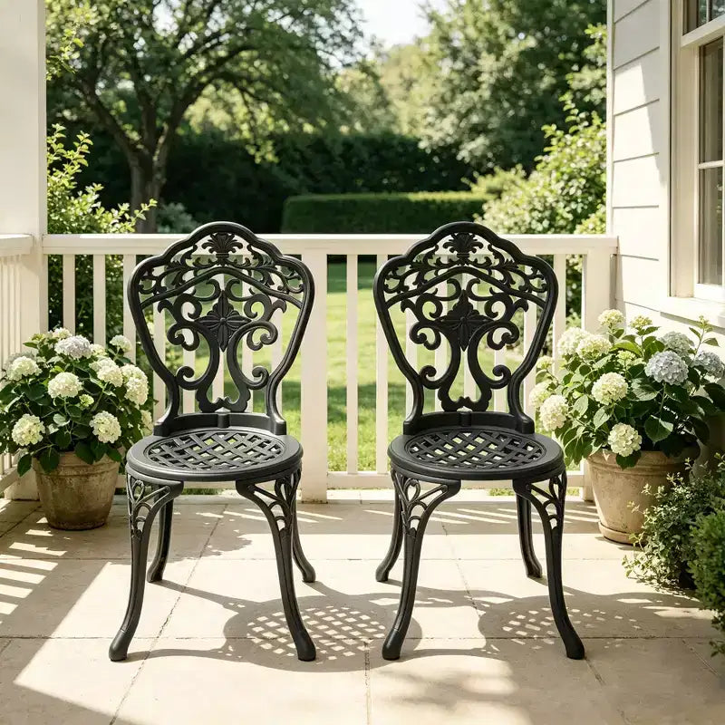 Set di 2 sedie da pranzo per patio in fusione di alluminio, telaio nero resistente alla ruggine con design intagliato ornamentale