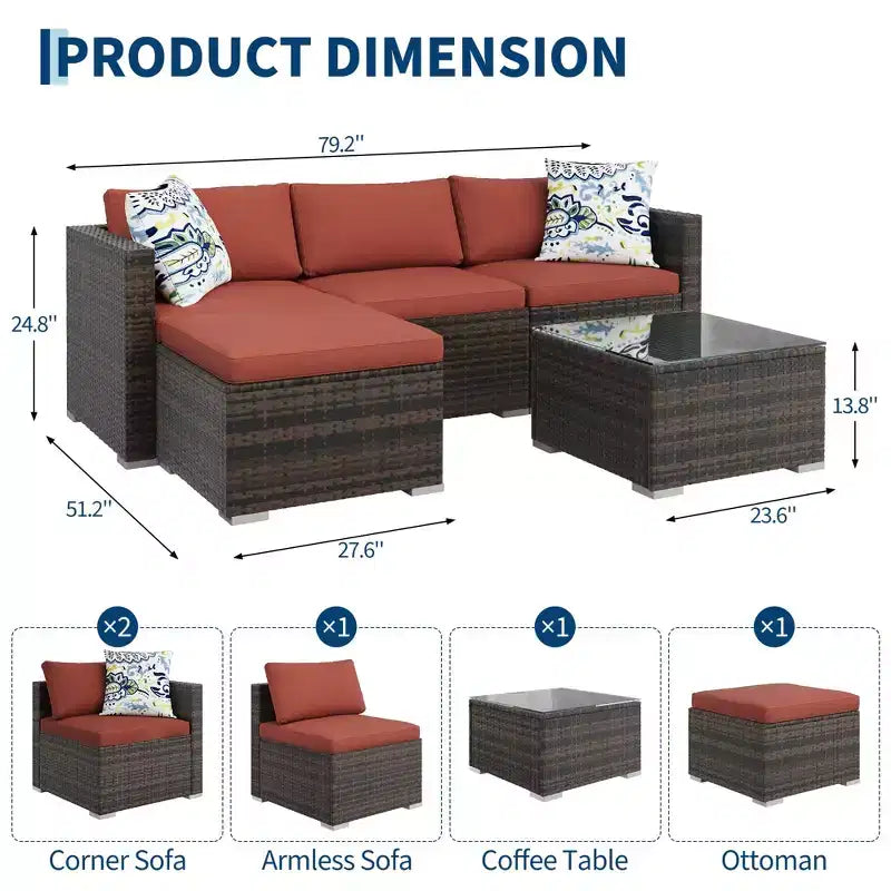 GustoWave Set Conversazione da Esterno 5 Pezzi, Divano Angolare in Rattan con Tavolo in Vetro e Cuscini Decorativi
