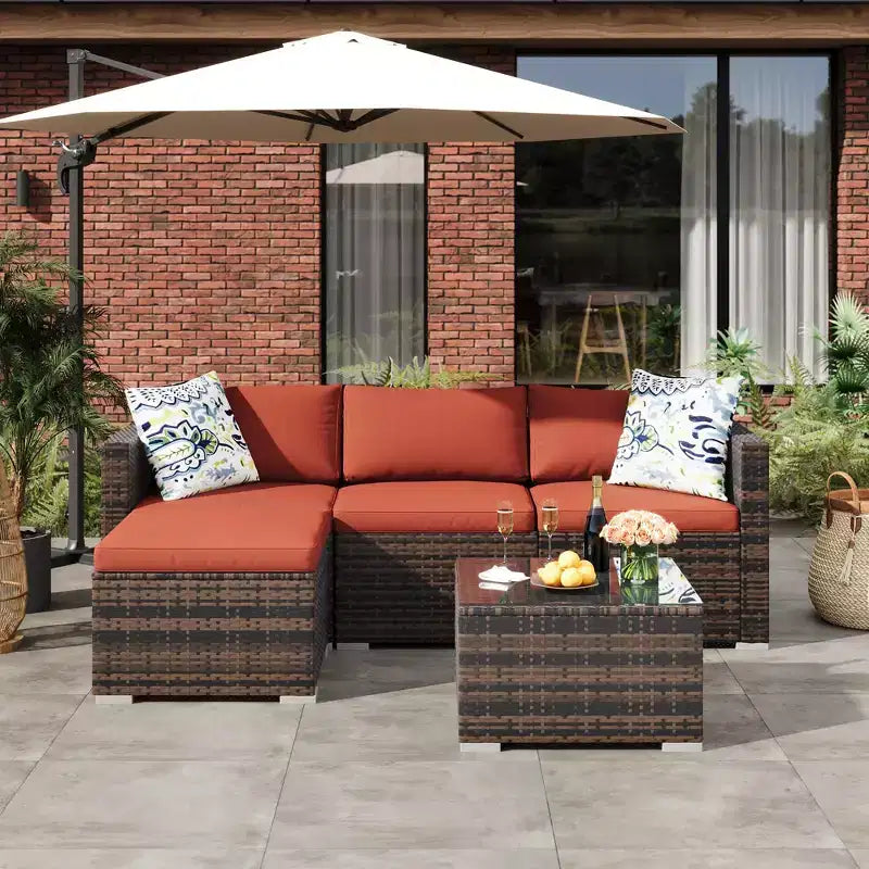 GustoWave Set Conversazione da Esterno 5 Pezzi, Divano Angolare in Rattan con Tavolo in Vetro e Cuscini Decorativi