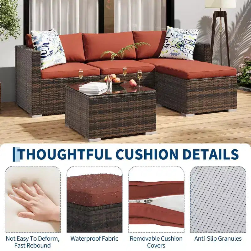 GustoWave Set Conversazione da Esterno 5 Pezzi, Divano Angolare in Rattan con Tavolo in Vetro e Cuscini Decorativi