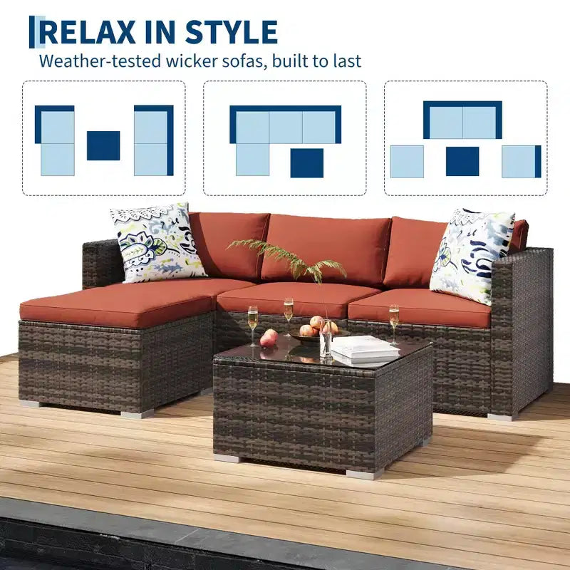 GustoWave Set Conversazione da Esterno 5 Pezzi, Divano Angolare in Rattan con Tavolo in Vetro e Cuscini Decorativi