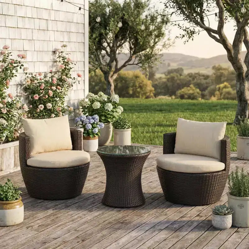 ModernLuxe Set da 3 pezzi per conversazione da esterno, Set da conversazione in vimini per patio, sedie in rattan PE con cuscini e tavolo in vetro temperato