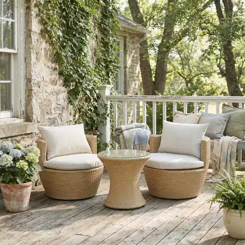 ModernLuxe Set da 3 pezzi per conversazione da esterno, Set da conversazione in vimini per patio, sedie in rattan PE con cuscini e tavolo in vetro temperato