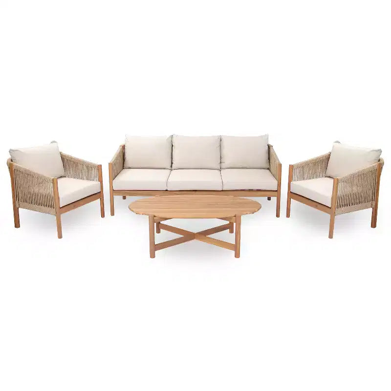 Set di 4 pezzi da patio moderno Adewale di Christopher Knight Home in acacia con cuscini, tavolo a doghe e design in corda