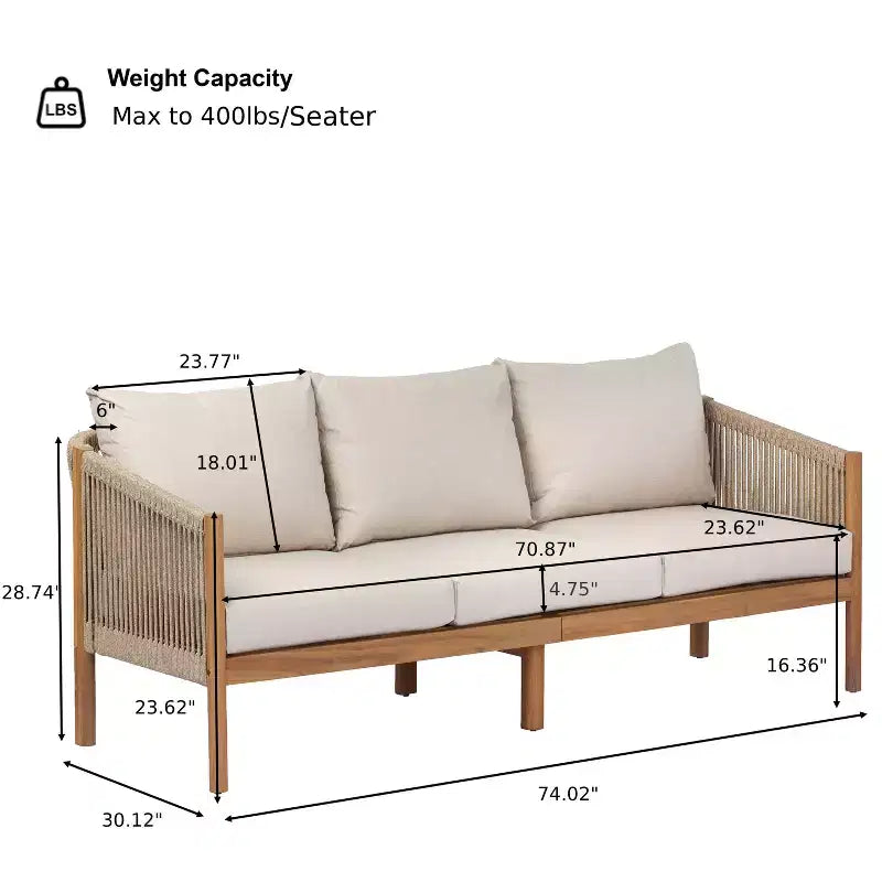 Set di 4 pezzi da patio moderno Adewale di Christopher Knight Home in acacia con cuscini, tavolo a doghe e design in corda