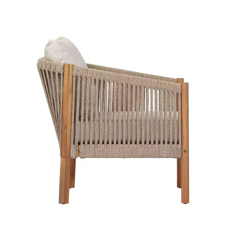 Set di 4 pezzi da patio moderno Adewale di Christopher Knight Home in acacia con cuscini, tavolo a doghe e design in corda
