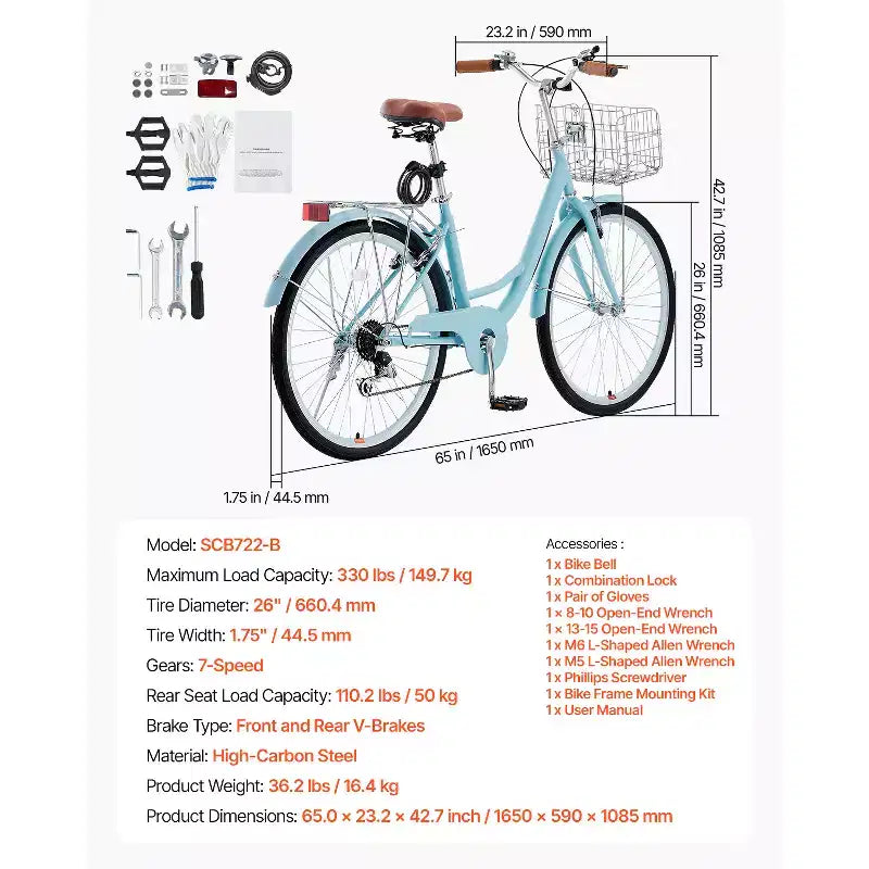 Bicicletta cruiser VEVOR, 7 velocità, cruiser da spiaggia azzurra da 26 pollici con cestino capiente e portapacchi posteriore, sicura e robusta, azzurra