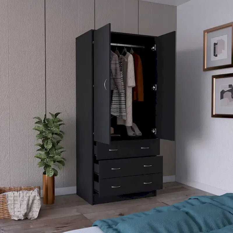 19 moderne kledingkast met twee deuren, 3 laden en 1 kledingroede voor de slaapkamer