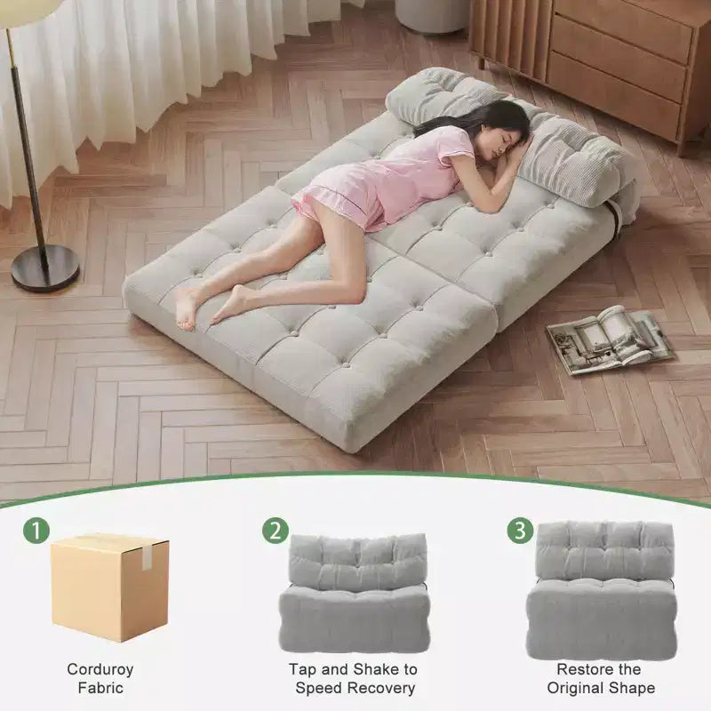 Zusammenklappbares Cord-Schlafsofa als Futon in Full-Größe, umwandelbarer Bodenschlafsessel mit Kissen und Rückenstütze